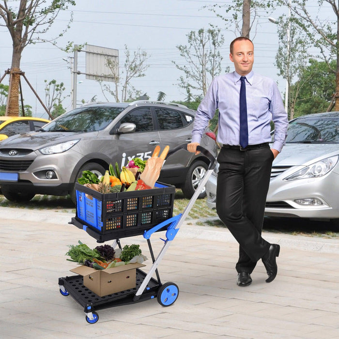 2-Tier Multi-Functional Collapsible Carts Foldable Trolley with Storage Crate Rolling Swivel Wheels