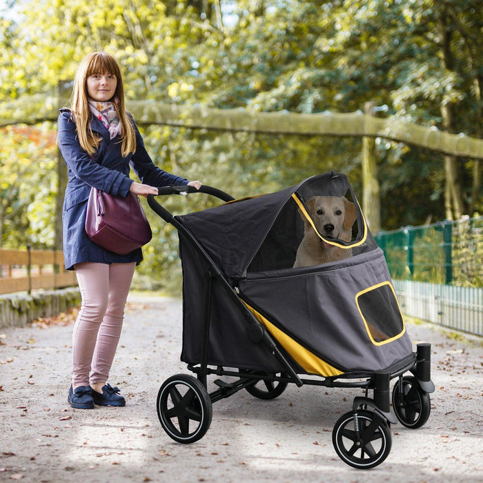 Foldable Pet Stroller Travel Carrier with Storage Pocket, Breathable Mesh, Gray and Yellow