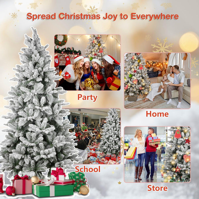 6.9ft Artificial Christmas Pine Tree Snow Flocked Xmas Tree with 950 Branch Tips Metal Frame