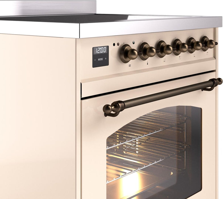 ILVE Nostalgie II 30" Induction Range with Element Stove and Electric Oven in Antique White with Bronze Trim, UPI304NMPAWB