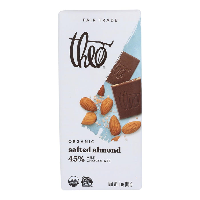 Theo Chocolate Organic Chocolate Bar - Classic Milk - 45% Cacao - Salted Almond - 3 Oz - Case of 12