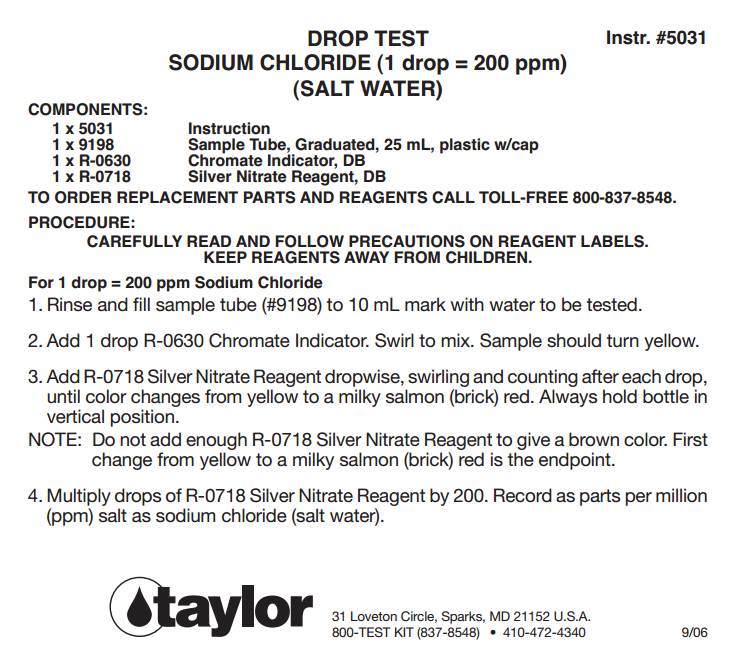 Taylor K-1766 Liquid Pool Spa Sodium Chloride Salt Water Drop Test Kit (3 Pack)