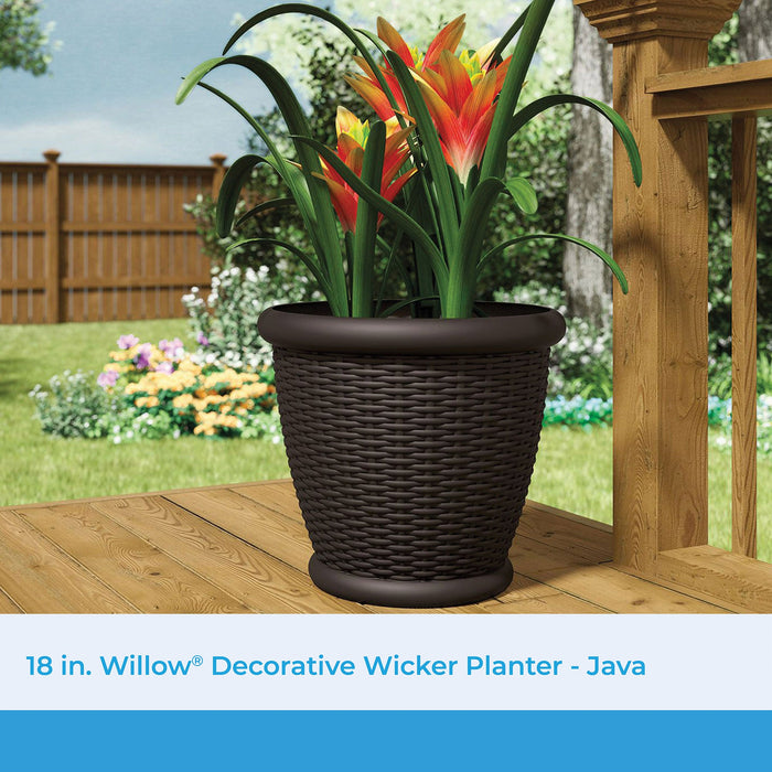 Suncast Willow 18 Inch Diameter Resin Decorative Wicker Patio Planter Pot, Java