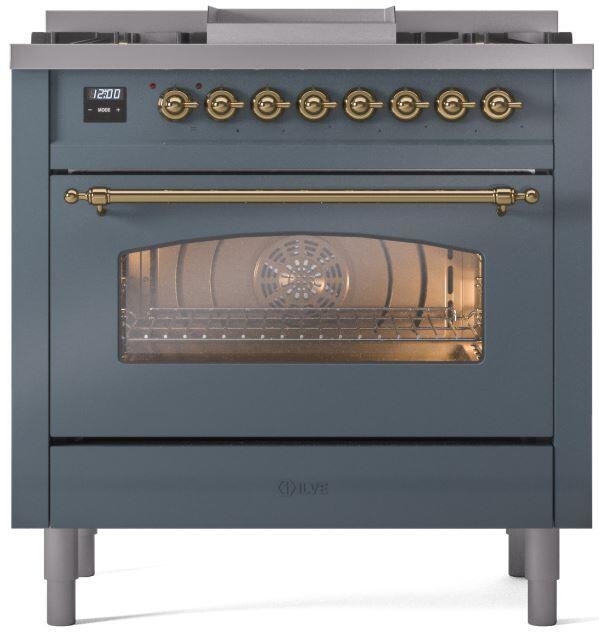 ILVE Nostalgie II 36" Dual Fuel Natural Gas Range in Blue Grey with Brass Trim, UP36FNMPBGG