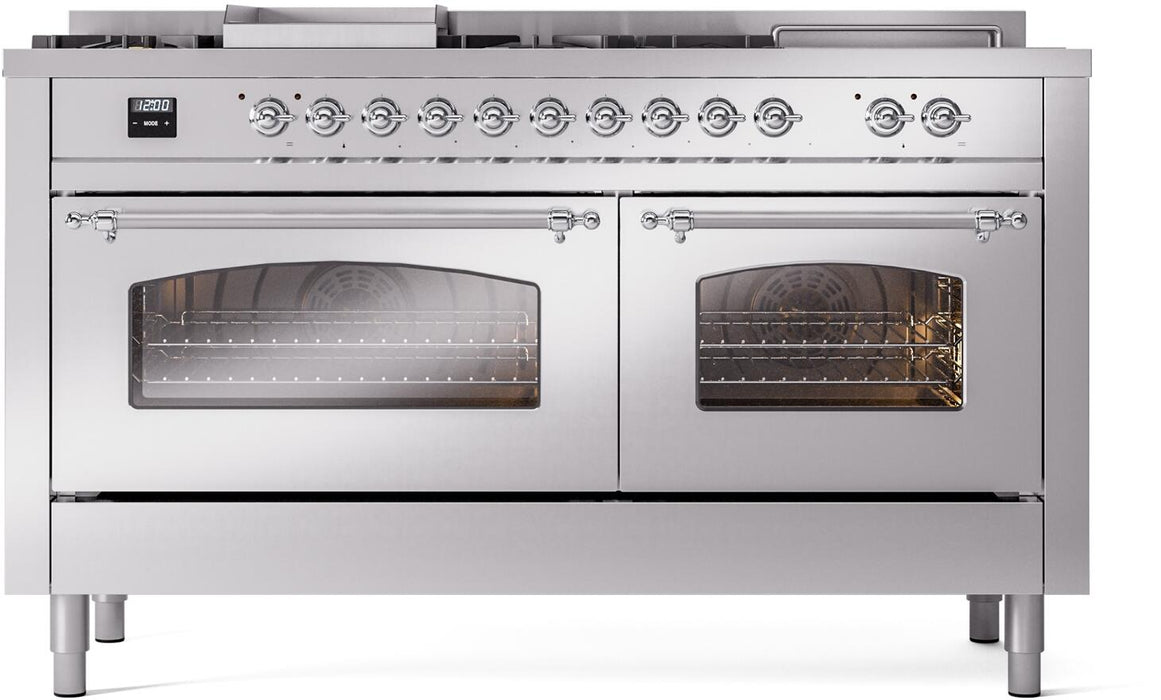 ILVE Nostalgie II 60" Dual Fuel Propane Gas Range in Stainless Steel with Chrome Trim, UP60FSNMPSSCLP