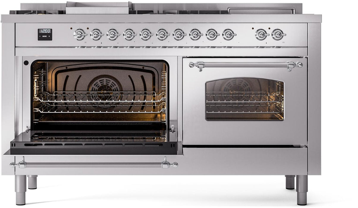 ILVE Nostalgie II 60" Dual Fuel Propane Gas Range in Stainless Steel with Chrome Trim, UP60FSNMPSSCLP