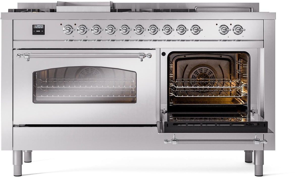 ILVE Nostalgie II 60" Dual Fuel Propane Gas Range in Stainless Steel with Chrome Trim, UP60FSNMPSSCLP