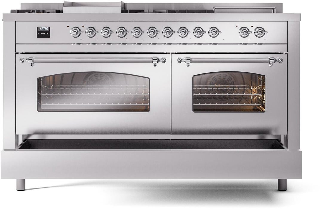 ILVE Nostalgie II 60" Dual Fuel Propane Gas Range in Stainless Steel with Chrome Trim, UP60FSNMPSSCLP