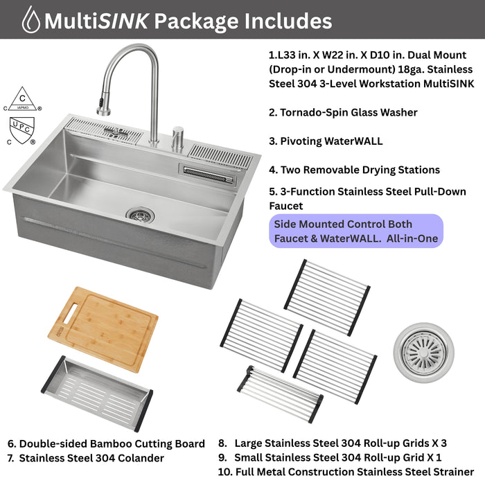 FORNO ACQUA 33 in. Drop-In/Undermount 3 Level Workstation Sink with Faucet, Waterfall & Glass Rinser