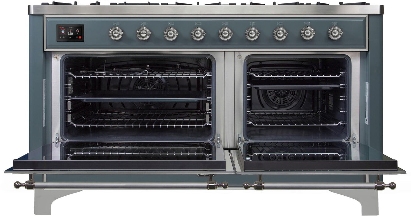 ILVE Majestic II 60" Dual Fuel Natural Gas Range in Blue Grey with Chrome Trim, UM15FDNS3BGC