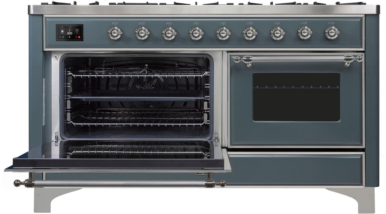 ILVE Majestic II 60" Dual Fuel Natural Gas Range in Blue Grey with Chrome Trim, UM15FDNS3BGC