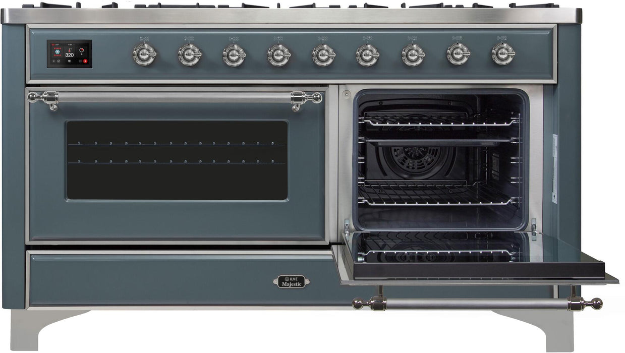 ILVE Majestic II 60" Dual Fuel Natural Gas Range in Blue Grey with Chrome Trim, UM15FDNS3BGC