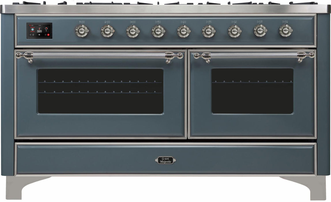 ILVE Majestic II 60" Dual Fuel Natural Gas Range in Blue Grey with Chrome Trim, UM15FDNS3BGC