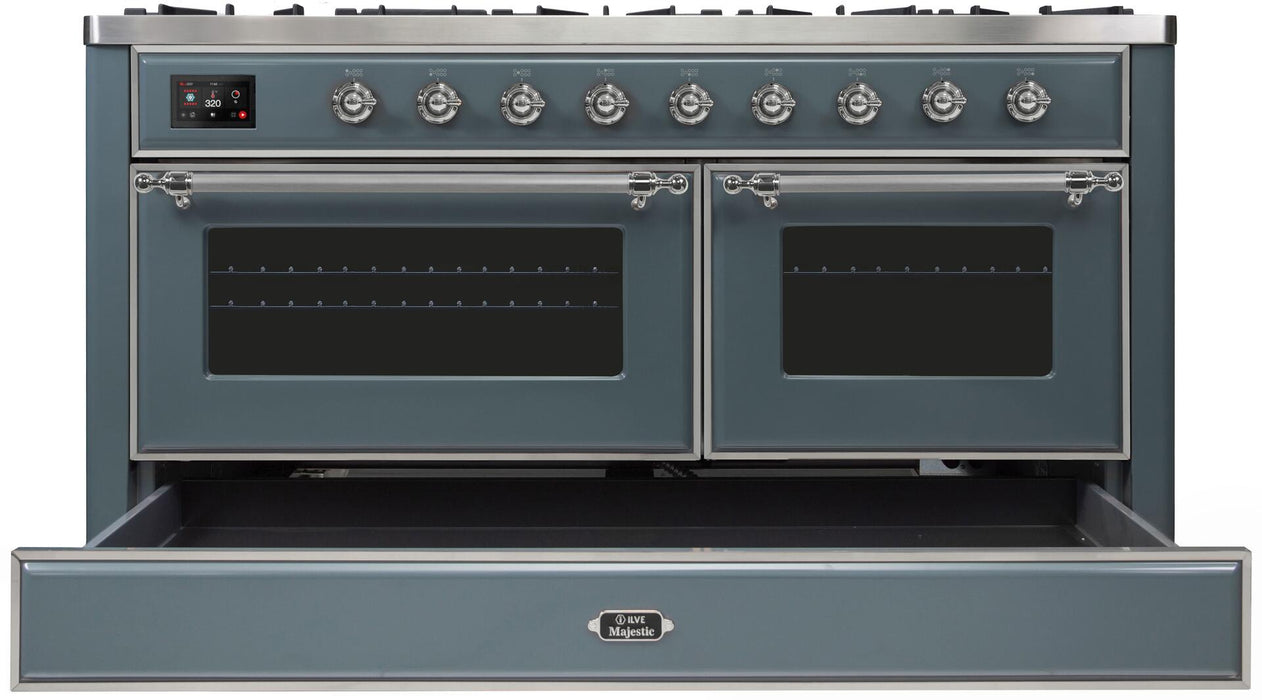 ILVE Majestic II 60" Dual Fuel Natural Gas Range in Blue Grey with Chrome Trim, UM15FDNS3BGC