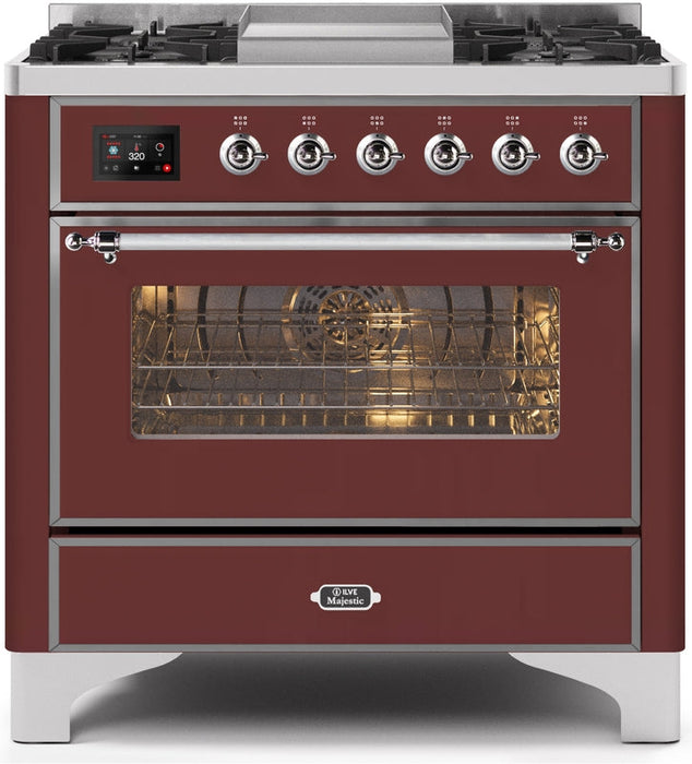 ILVE Majestic II 36" Dual Fuel Natural Gas Range in Burgundy with Chrome Trim, UM09FDNS3BUC