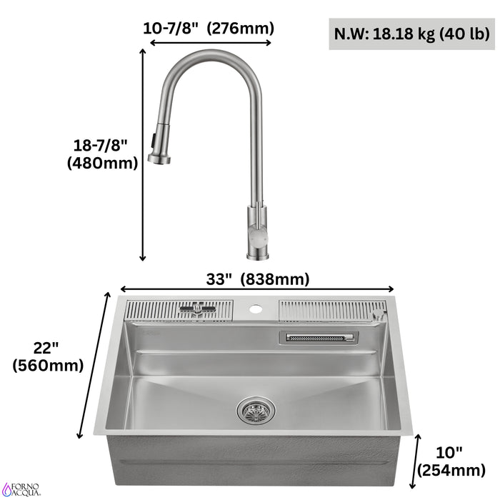 FORNO ACQUA 33 in. Drop-In/Undermount 3-Level Workstation Sink with Faucet, Waterfall & Glass Rinser