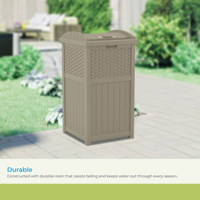 Suncast Wicker Resin Outdoor Hideaway Trash Can with Latching Lid, Dark Taupe