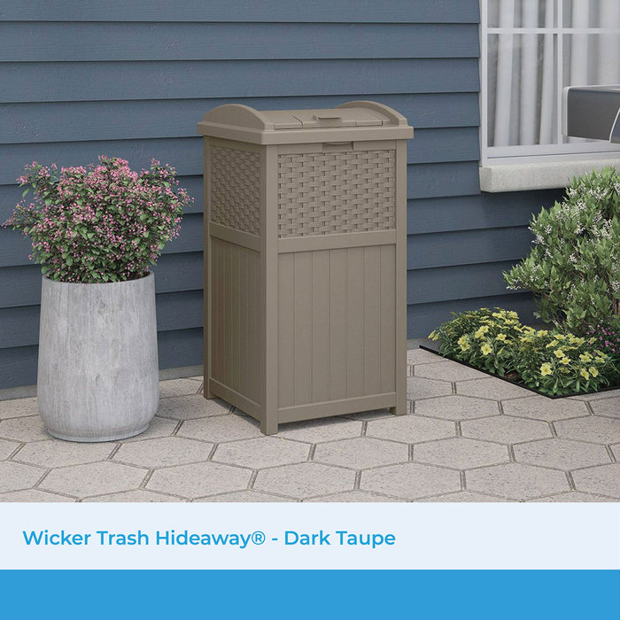 Suncast Wicker Resin Outdoor Hideaway Trash Can with Latching Lid, Dark Taupe