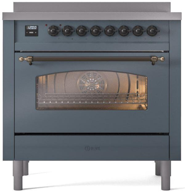 ILVE Nostalgie II 36" Induction Range with Element Stove and Electric Oven in Blue Grey with Bronze Trim, UPI366NMPBGB