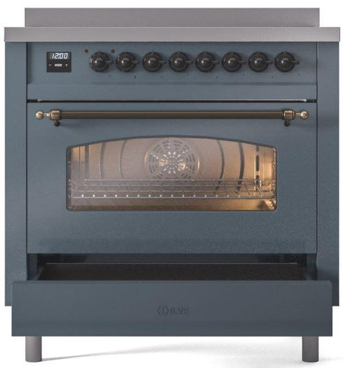 ILVE Nostalgie II 36" Induction Range with Element Stove and Electric Oven in Blue Grey with Bronze Trim, UPI366NMPBGB