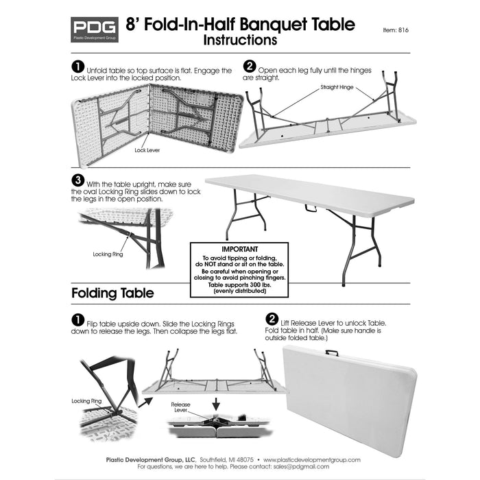 Plastic Development Group 816 Fold In Half 8 Foot Folding Banquet Table, White