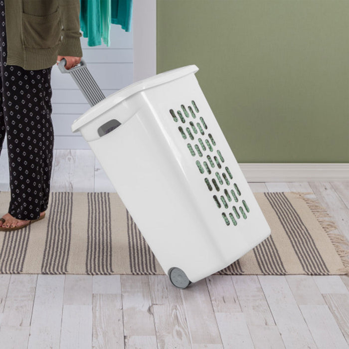 Sterilite White Laundry Hamper With Lift-Top, Wheels, And Pull Handle, 9 Pack