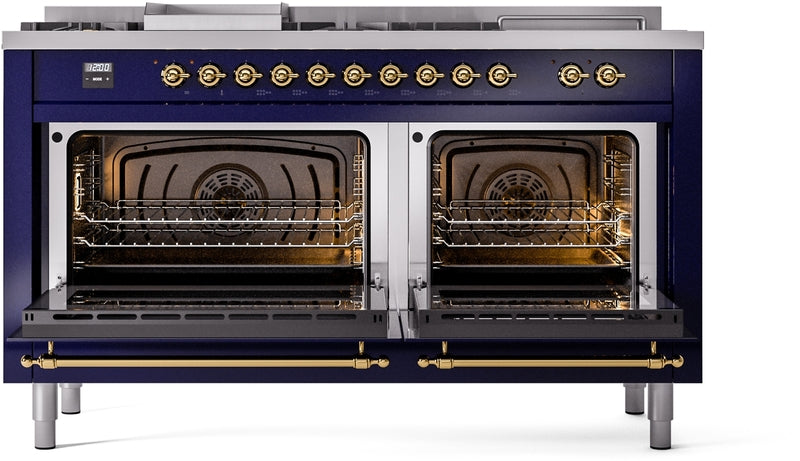 ILVE Nostalgie II 60" Dual Fuel Propane Gas Range in Blue with Brass Trim, UP60FSNMPMBGLP