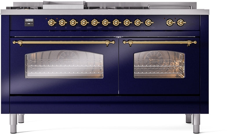 ILVE Nostalgie II 60" Dual Fuel Propane Gas Range in Blue with Brass Trim, UP60FSNMPMBGLP