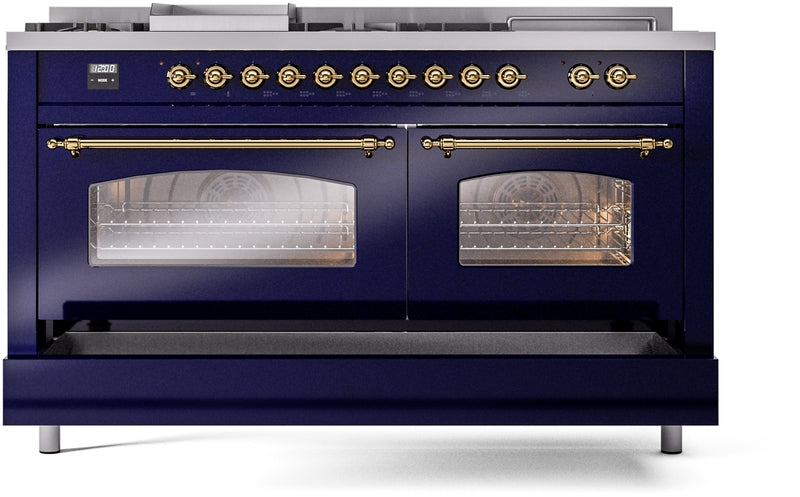 ILVE Nostalgie II 60" Dual Fuel Propane Gas Range in Blue with Brass Trim, UP60FSNMPMBGLP