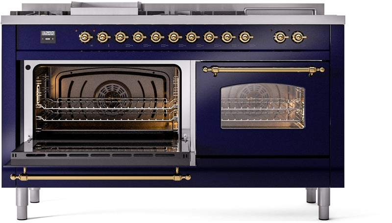 ILVE Nostalgie II 60" Dual Fuel Propane Gas Range in Blue with Brass Trim, UP60FSNMPMBGLP