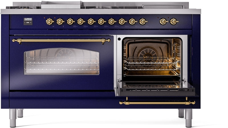 ILVE Nostalgie II 60" Dual Fuel Propane Gas Range in Blue with Brass Trim, UP60FSNMPMBGLP