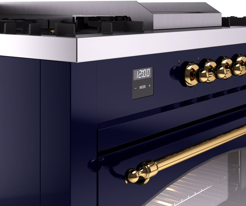 ILVE Nostalgie II 60" Dual Fuel Propane Gas Range in Blue with Brass Trim, UP60FSNMPMBGLP