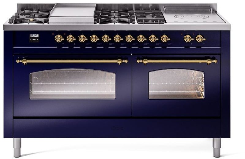 ILVE Nostalgie II 60" Dual Fuel Propane Gas Range in Blue with Brass Trim, UP60FSNMPMBGLP