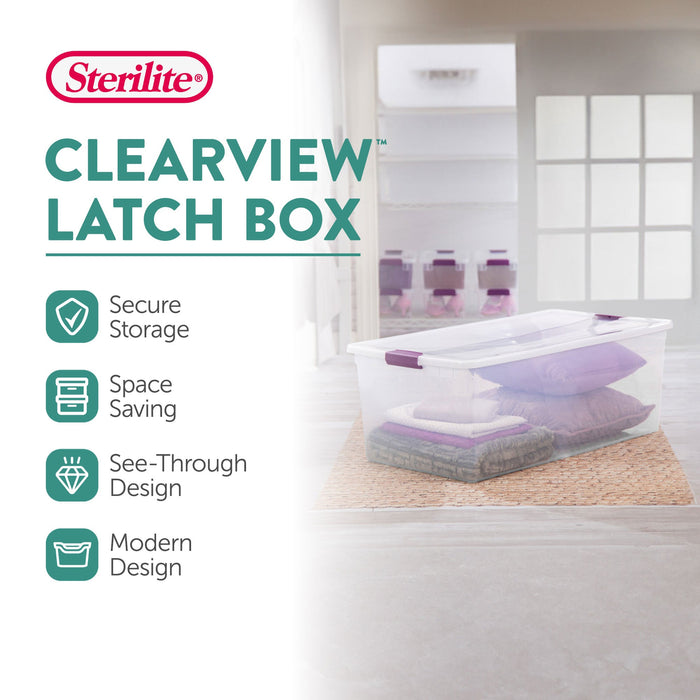 Sterilite 110 Qt ClearView Latch Storage Box, Stackable Bin w/ Latch Lid, 4-Pack