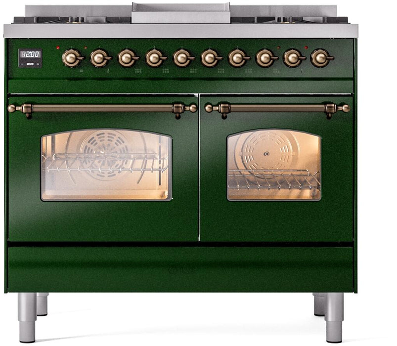 ILVE Nostalgie II 40" Dual Fuel Natural Gas Range in Emerald Green with Bronze Trim, UPD40FNMPEGB