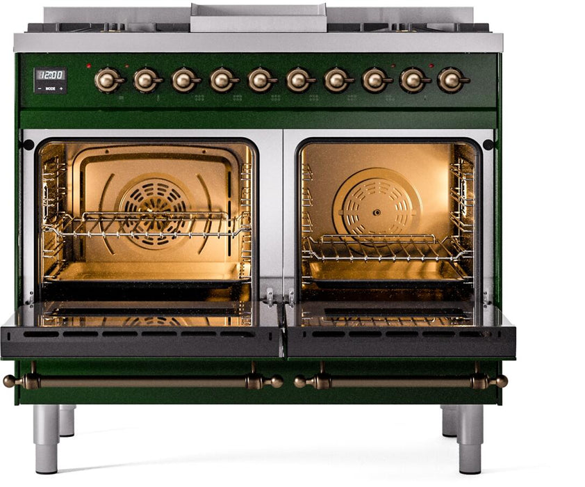 ILVE Nostalgie II 40" Dual Fuel Natural Gas Range in Emerald Green with Bronze Trim, UPD40FNMPEGB