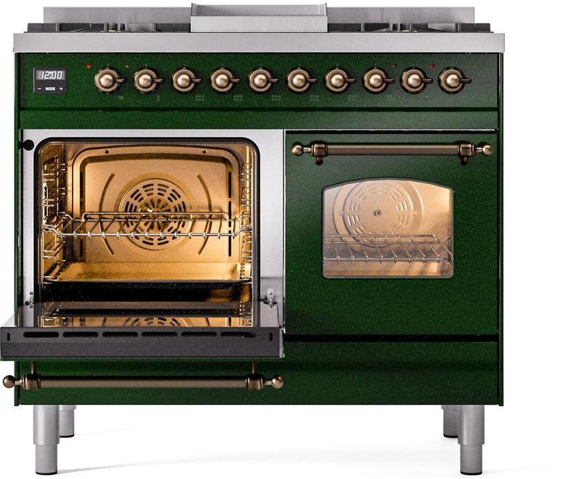 ILVE Nostalgie II 40" Dual Fuel Natural Gas Range in Emerald Green with Bronze Trim, UPD40FNMPEGB