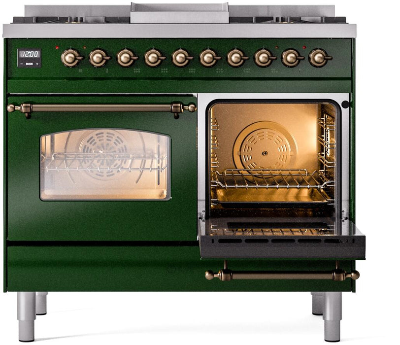 ILVE Nostalgie II 40" Dual Fuel Natural Gas Range in Emerald Green with Bronze Trim, UPD40FNMPEGB