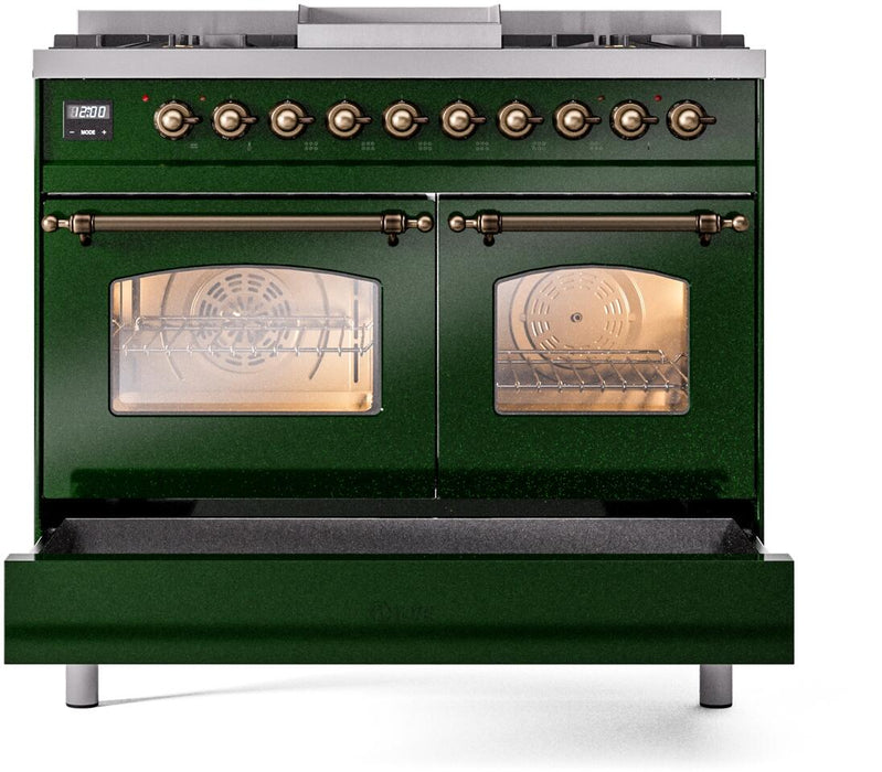 ILVE Nostalgie II 40" Dual Fuel Natural Gas Range in Emerald Green with Bronze Trim, UPD40FNMPEGB