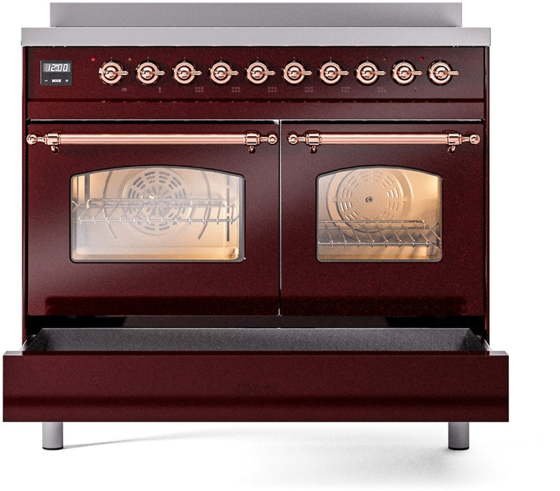 ILVE Nostalgie II 40" Induction Range with Element Stove and Electric Oven in Burgundy with Copper Trim, UPDI406NMPBUP