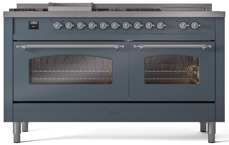 ILVE Nostalgie II 60" Dual Fuel Natural Gas Range in Blue Grey with Chrome Trim, UP60FSNMPBGC