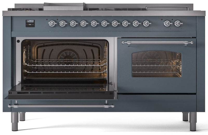 ILVE Nostalgie II 60" Dual Fuel Natural Gas Range in Blue Grey with Chrome Trim, UP60FSNMPBGC