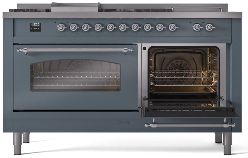 ILVE Nostalgie II 60" Dual Fuel Natural Gas Range in Blue Grey with Chrome Trim, UP60FSNMPBGC