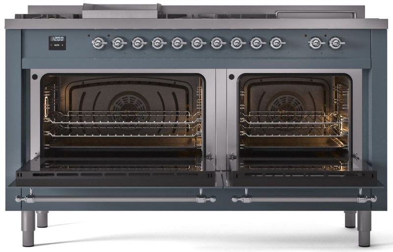 ILVE Nostalgie II 60" Dual Fuel Natural Gas Range in Blue Grey with Chrome Trim, UP60FSNMPBGC