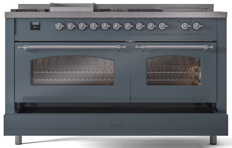 ILVE Nostalgie II 60" Dual Fuel Natural Gas Range in Blue Grey with Chrome Trim, UP60FSNMPBGC