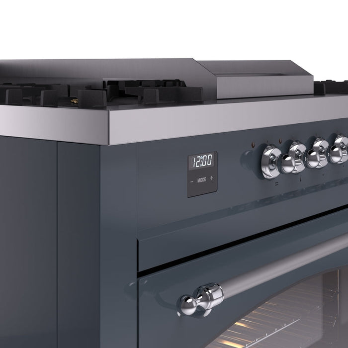 ILVE Nostalgie II 60" Dual Fuel Natural Gas Range in Blue Grey with Chrome Trim, UP60FSNMPBGC