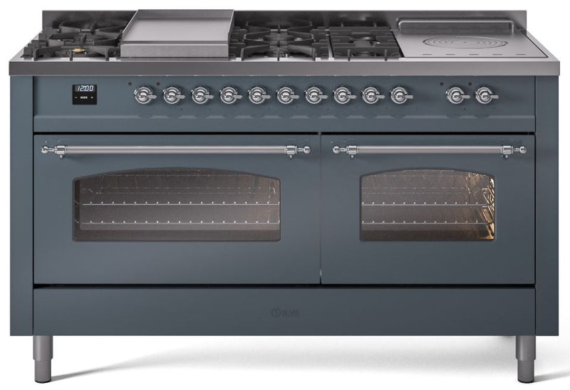 ILVE Nostalgie II 60" Dual Fuel Natural Gas Range in Blue Grey with Chrome Trim, UP60FSNMPBGC