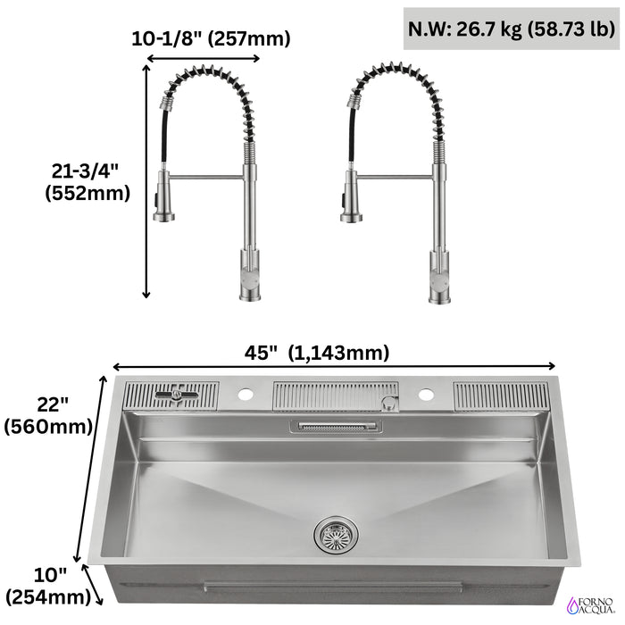 FORNO ACQUA 45 in. Drop-In/Undermount 3-Level Workstation Sink with Two Faucets & Glass Rinser