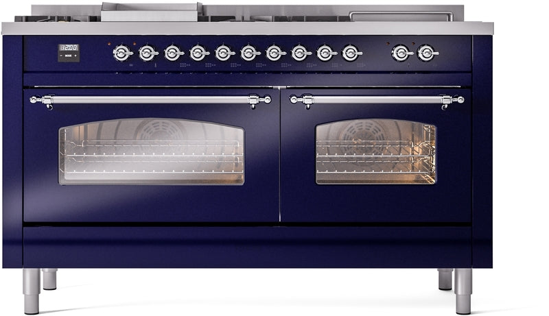 ILVE Nostalgie II 60" Dual Fuel Propane Gas Range in Blue with Chrome Trim, UP60FSNMPMBCLP