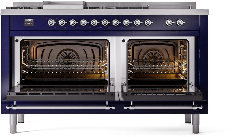 ILVE Nostalgie II 60" Dual Fuel Propane Gas Range in Blue with Chrome Trim, UP60FSNMPMBCLP